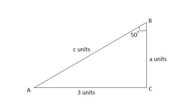 Right triangle ABC is shown. a to c is 3m c to b is a b to a is c and ab is 50 degrees-example-1