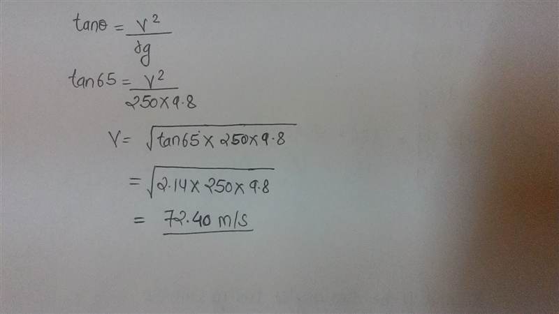 What speed would a car have with a 250m radius turn and a 65 degree bank?-example-1