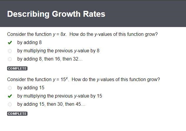 Consider the function y = 8x. How do the y-values of this function grow? 1) by adding-example-1