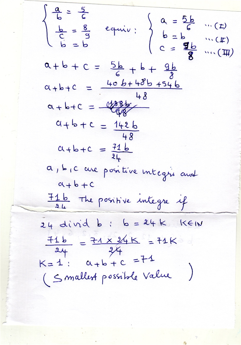 A,b and c are positive integers. A:b=5:6 and b:c=8:9 Work out the smallest possible-example-1