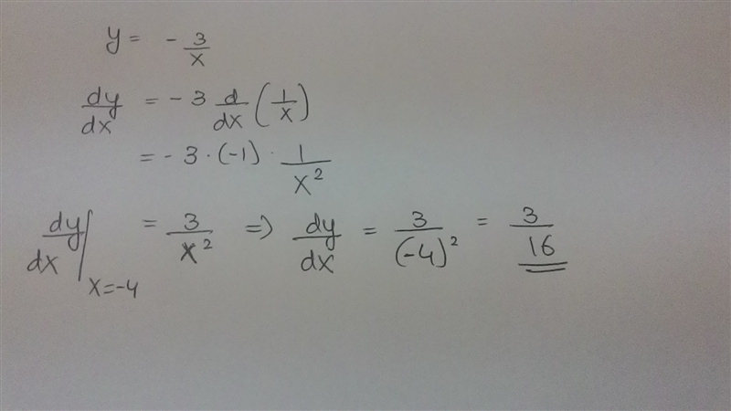 Find the derivative of f(x) = negative 3 divided by x at x = -4.-example-1