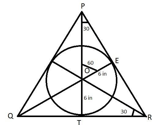 A circle has a radius of 6 in. The circumscribed equilateral triangle will have an-example-1