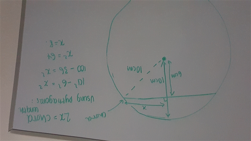 In a circle whose radius is 10 cm, a chord is 6 cm from the center. How long is the-example-1