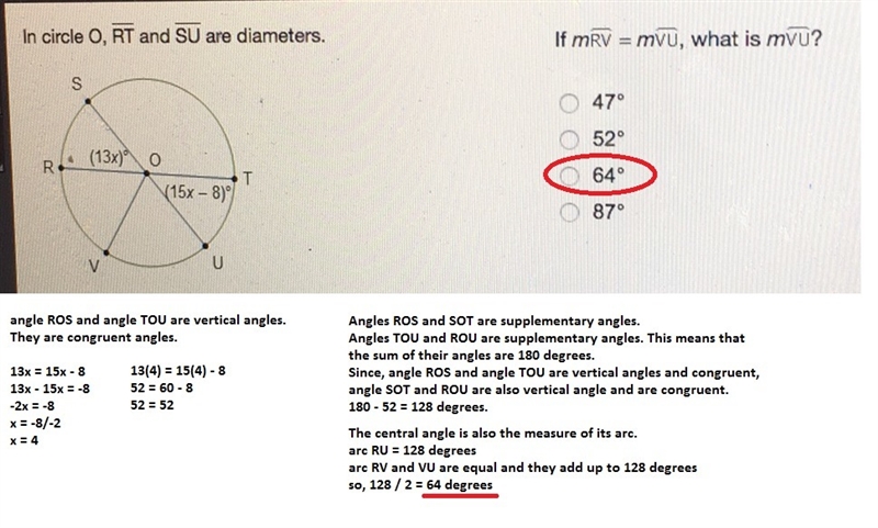 In circle O, RT and SU are diameters. If m = m, what is m? 47° 52° 64° 87°-example-1