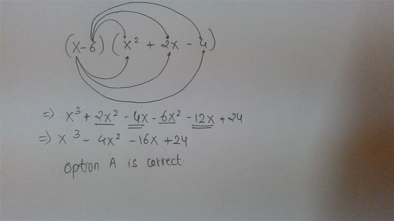 What is the product of the polynomials below? (x - 6)(x2 + 2x - 4) A. x3 - 4x2 - 16x-example-1