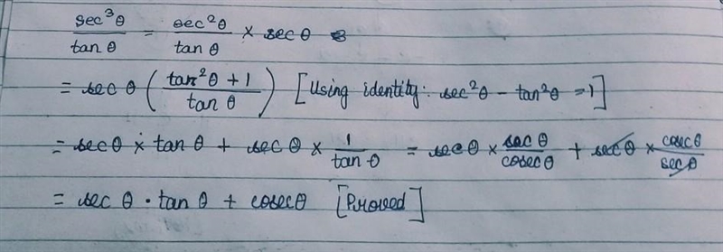 Use trig identities to change \[ \frac{sec^3~\theta}{tan~\theta} \] to \[ sec~\theta-example-1