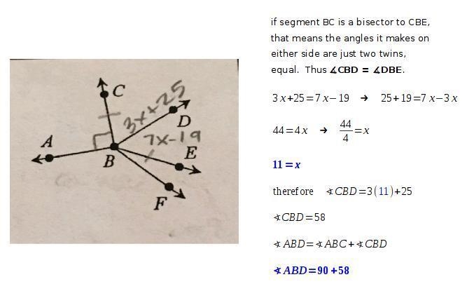 If ray BD bisects angle CBE, ray BC is transparent to ray BA, angle CBD = (3x + 25) degrees-example-1