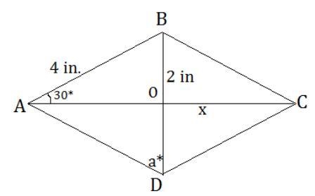 A quilt piece is designed with four congruent triangles to form a rhombus so that-example-1