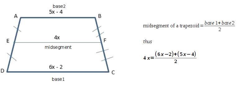 20 POINTS IF YOU HELP ME!!!!!!!!! Solve for EF in trapezoid ABCD 5x - 4 4x 6x - 2-example-1