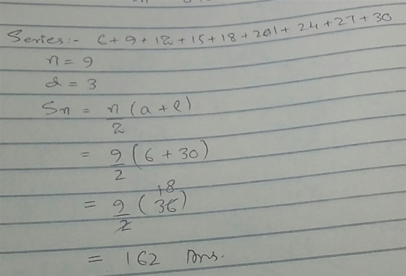 What is the sum of the terms of the series 6+9+12+...+30?-example-1