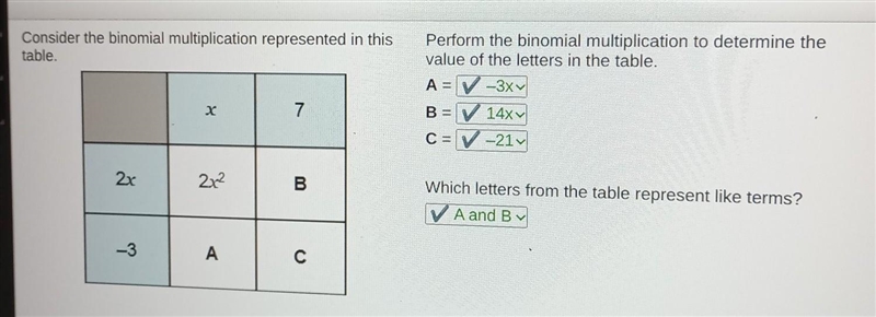 PLEASE HELPPP ANYONEE Consider the binomial multiplication represented in this table-example-1