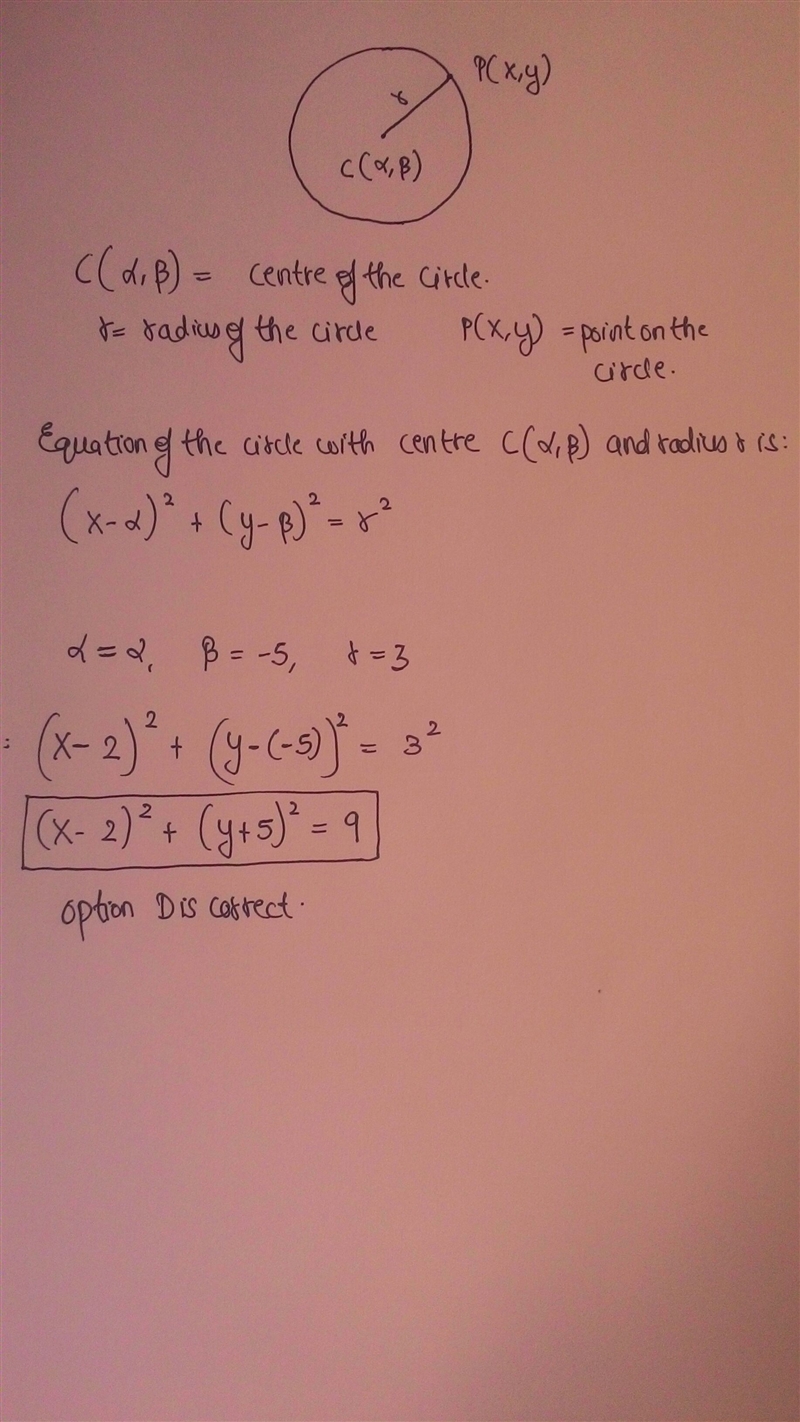 A circle is centered at (2, -5) and has radius 3. Write its equation in standard form-example-1