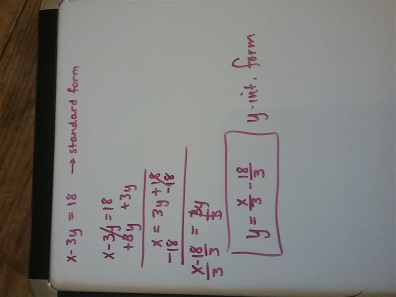 What is the equation of the line x-3y = 18 in slope-intercept form ?-example-1