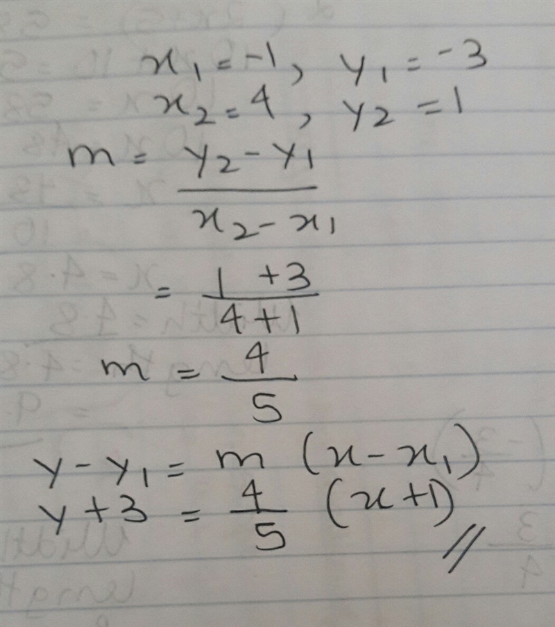 Find the point-slope form of the equation of the line passing through the points (–1, –3) and-example-1