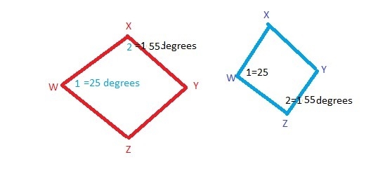 Given: WXYZ is a rhombus. If 1 = 25°, then 2 = a. 25 b. 50 c. 6-example-1