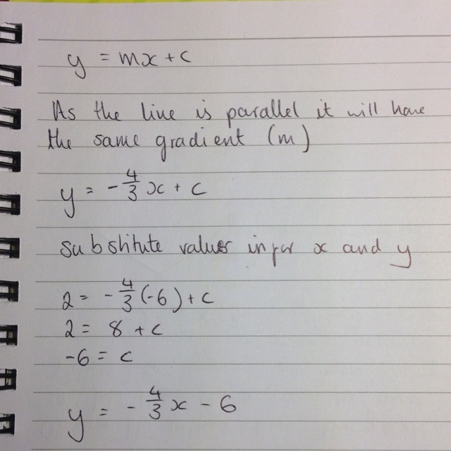 Determine the slope-intercept form of the equation of the line parallel to y = -4/3 x-example-1