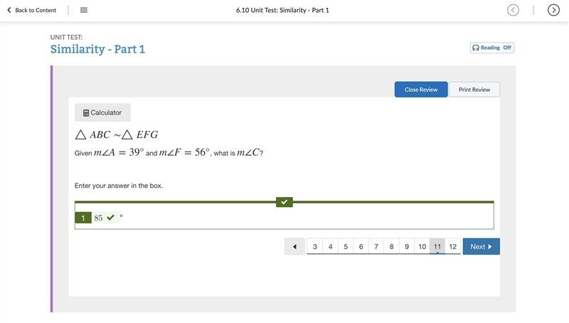 △ABC∼ΔEFG . Given m∠A=39° and m∠F=56° , what is m∠C ?-example-1