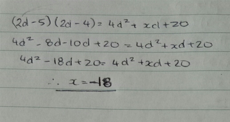 Find the missing coefficient (2d-5)(2d-4)=4d^2+ "missing coefficient" d-example-1