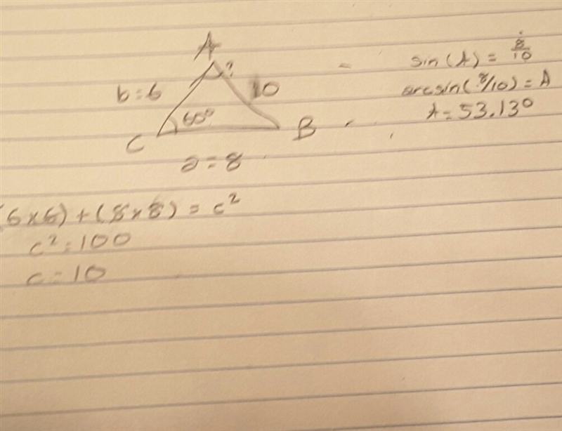 Given: a = 8, b = 6, C = 60° Find angle A-example-1