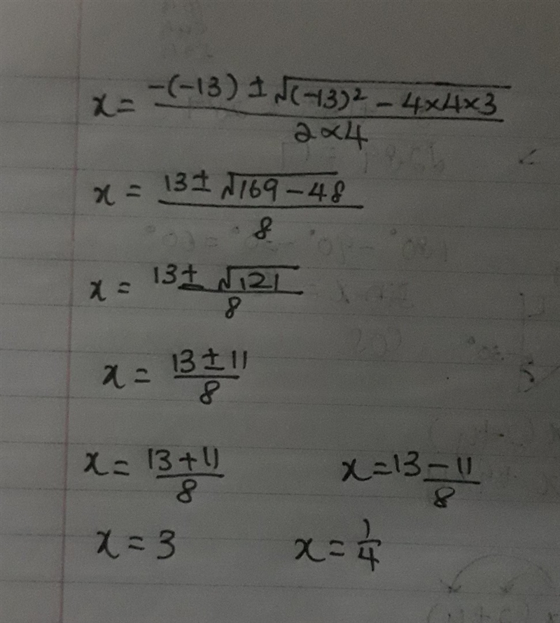 Factor and find the x intercepts : 4x^2-13x+3=0-example-1