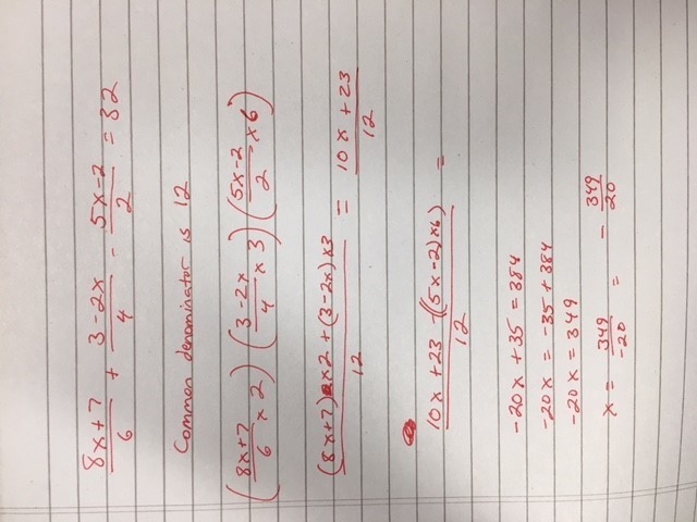 8x+7/6 + 3-2x/4-5x-2/2=32 Find x-example-1