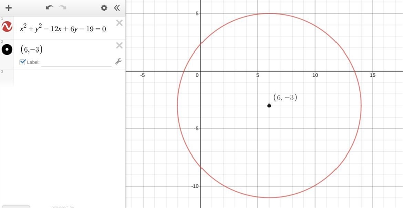 The equation for the circle is: X^2 + y^2 - 12x + 6y - 19 = 0 What is the center of-example-1