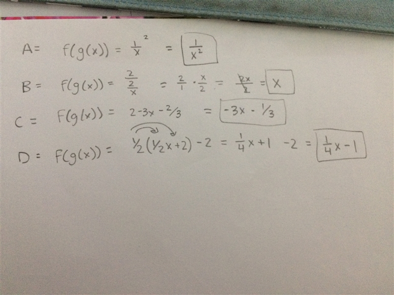 For which pairs of functions is f(g(x))=x? A) f(x)=x^2 and g(x)=1/x B) f(x)=2/x and-example-1