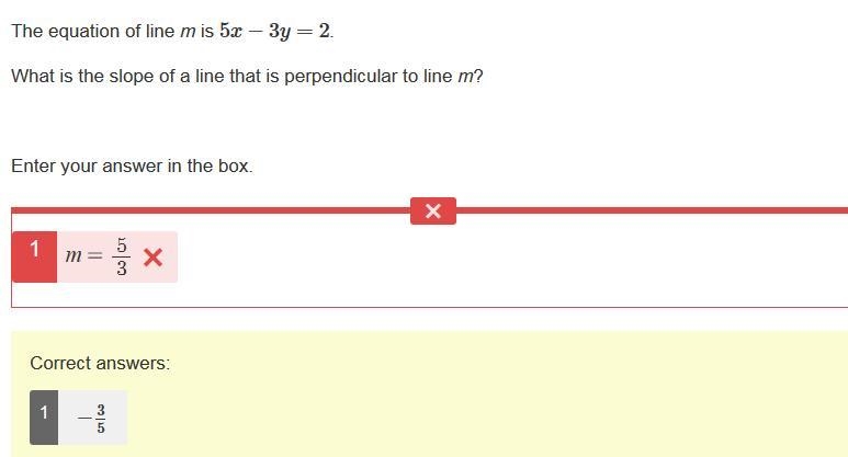 The equation of line m is 5x−3y=2. What is the slope of a line that is perpendicular-example-1