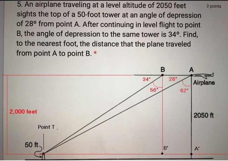 Find, to the nearest foot, the distance that the plane traveled from point A to point-example-1