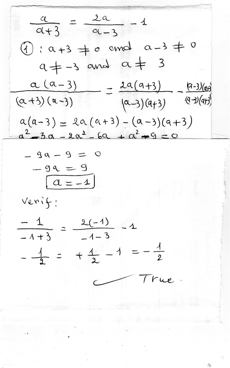 Solve the equation. A/a+3=2a/a-3-1-example-1