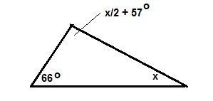 One angle of a triangle has a measure of 66°. the measure of the third angle of 57° more-example-1