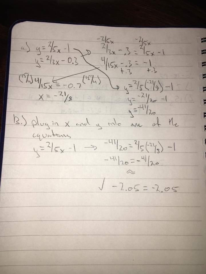 30 pts! 1. Consider the linear system of equations y = 2/5x - 1 and y = 2/3x – 0.3 a-example-1