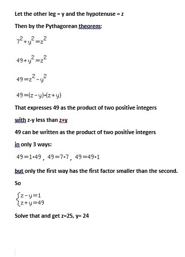 One leg of a right triangle has length 7 and all sides are whole numbers. find the-example-1