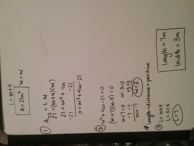 The length of a rectangle is 4 meters longer than the width. if the area is 21 square-example-1