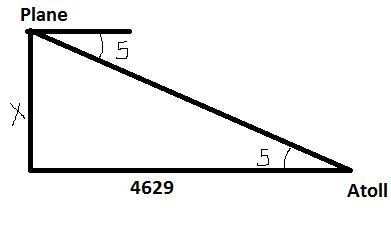 An airplane pilot over the Pacific sights an atoll at an angle of depression of 5. At-example-1