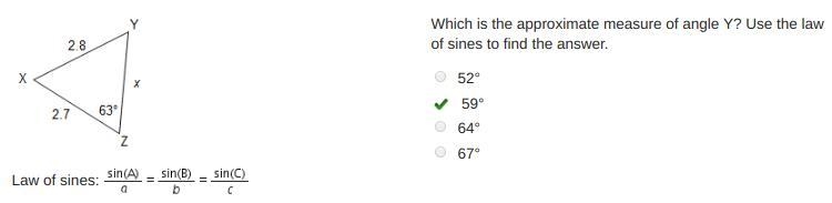 Which is the approximate measure of angle Y? Use the law of sines to find the answer-example-1