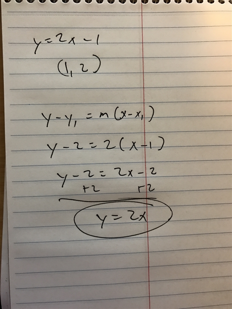 What is the equation of the line parallel to y=2x-1 that contains the point (1,2?-example-1