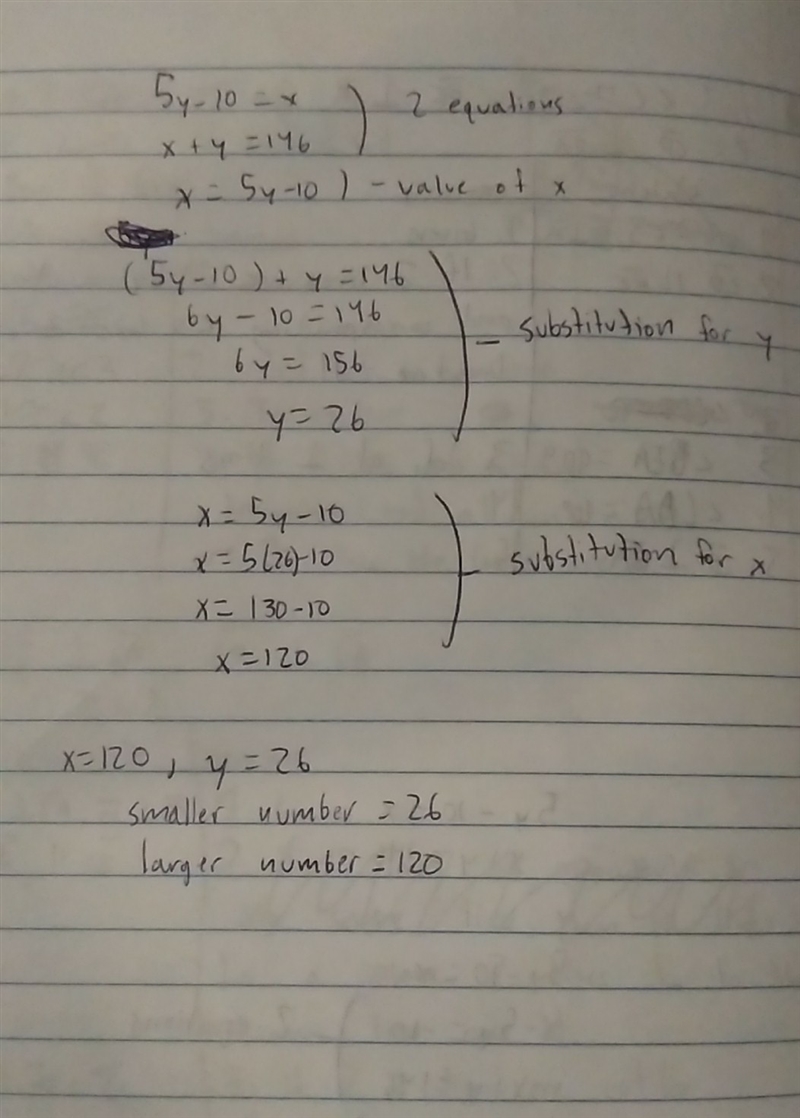 The larger of two numbers is 10 less than 5 times the smaller.their sum is 146 .find-example-1