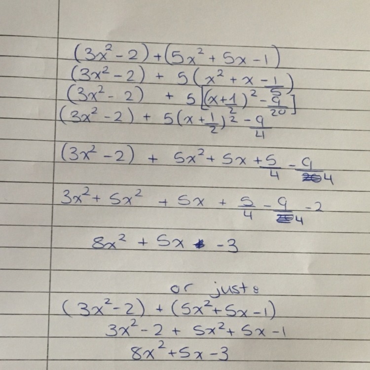 Simplify (3x2 − 2) + (5x2 + 5x − 1).-example-1