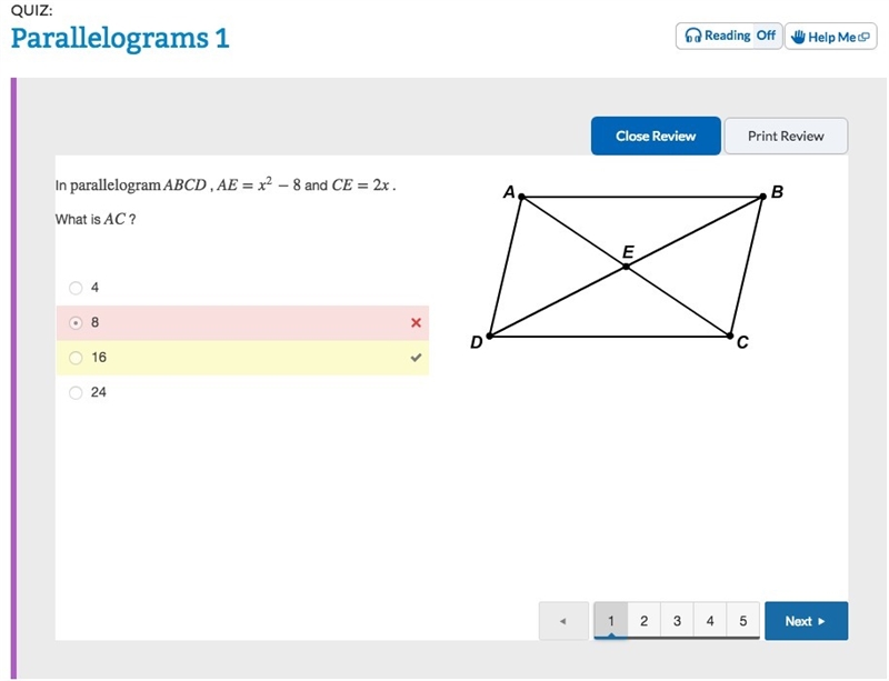 In parallelogram ABCD , AE=x2−8 and CE=2x . What is AC? 4 8 16 24-example-1