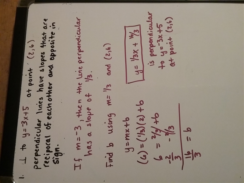 Find the equation perpendicular to the line y=−3x+5 that passes through point (2, 6).-example-1