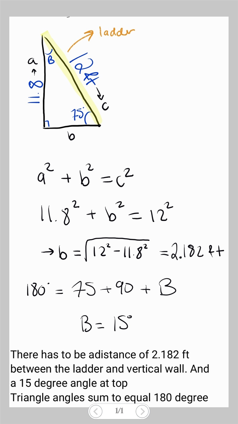 1. Joshua has a ladder that is 12 ft long. He will lean the ladder against a vertical-example-1