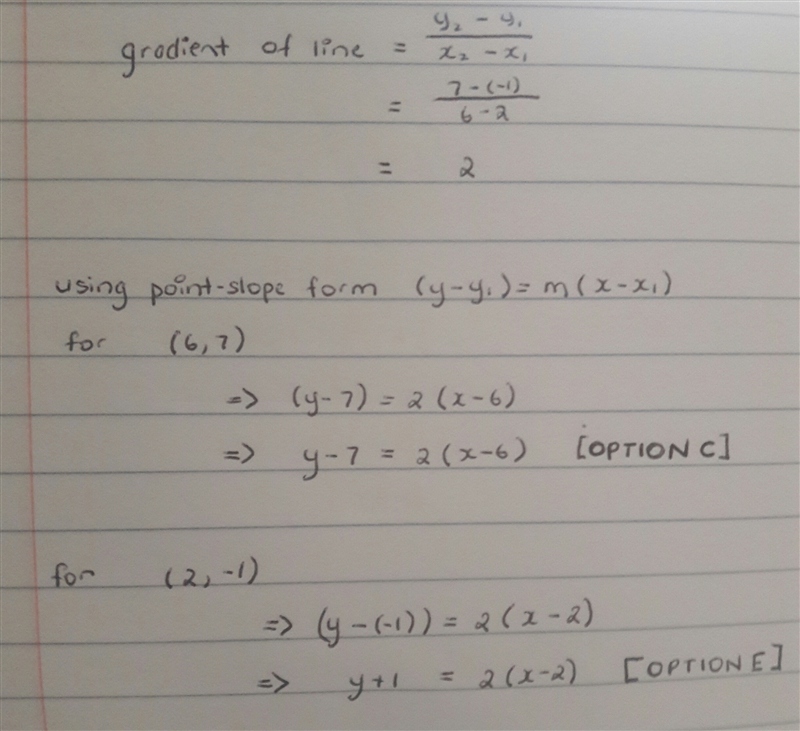 Which of the following are point-slope equations of the line going through (6, 7) and-example-1