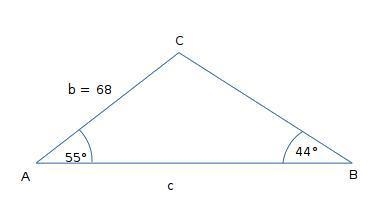 \Using the law of sine and cosine find the measure of AB given angle A is 55, angle-example-1