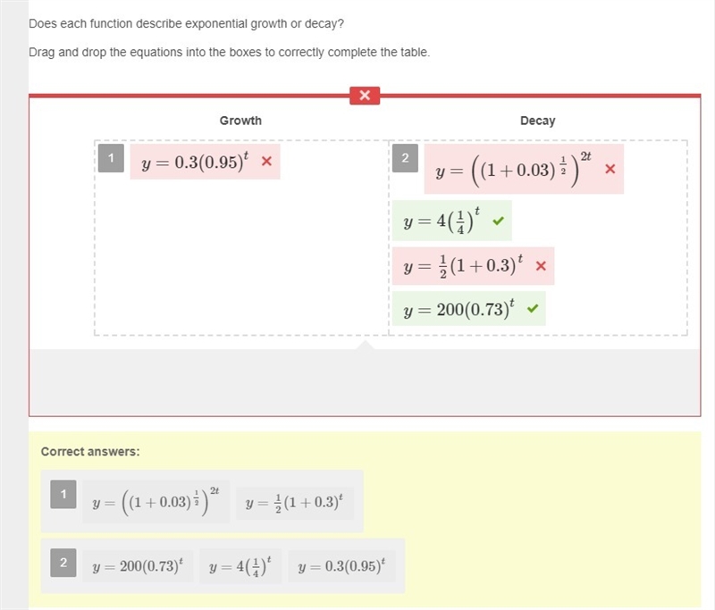 Does each function describe exponential growth or decay? Drag and drop the equations-example-1