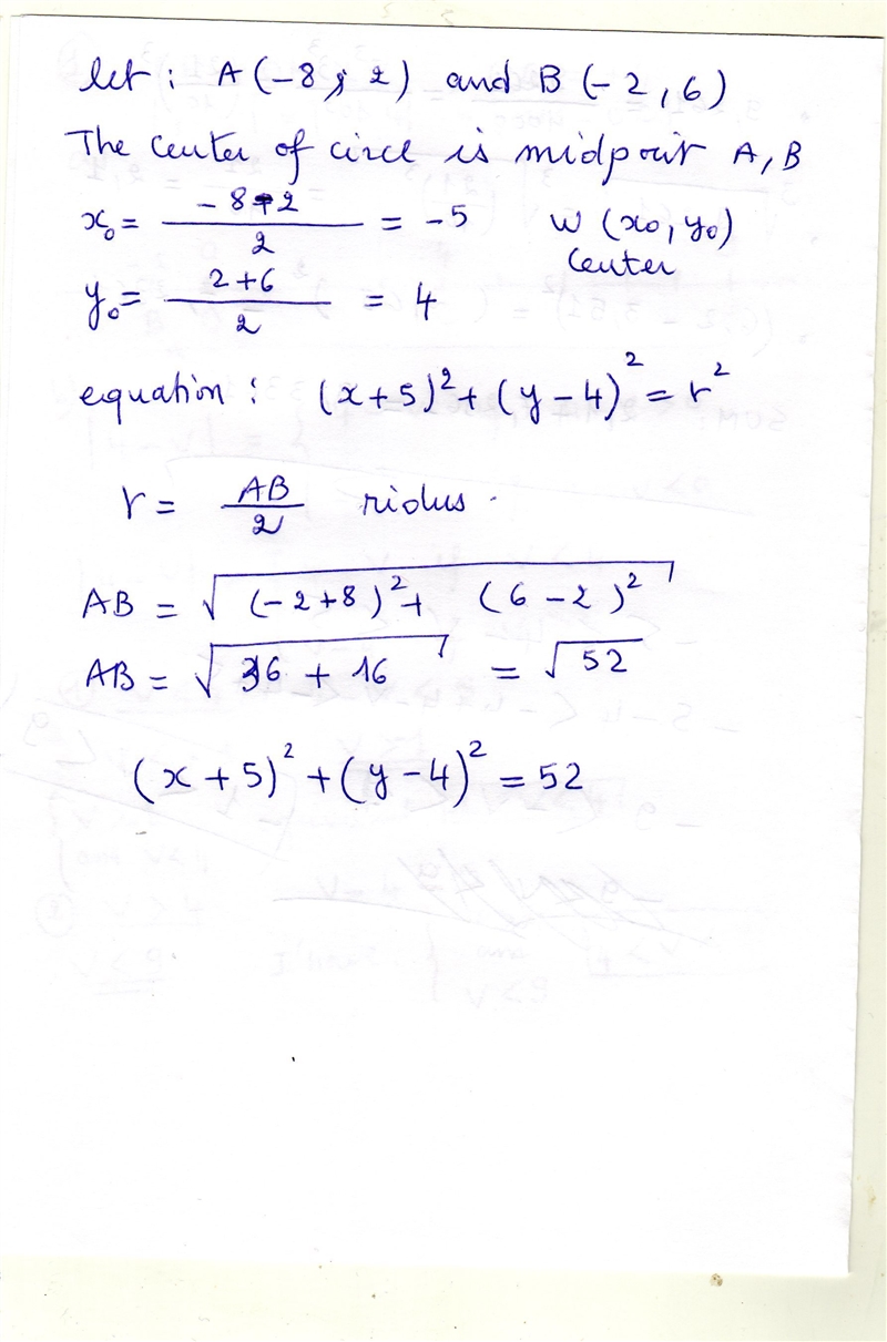 A circle has a diameter with endpoints (-8, 2) and (-2, 6). What is the equation of-example-1