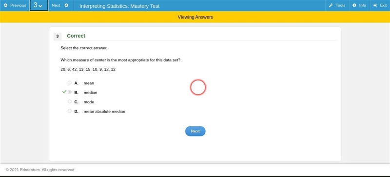 Which measure of center is the most appropriate for this data set? 20, 6, 42, 13, 15, 10, 9, 12, 12-example-1