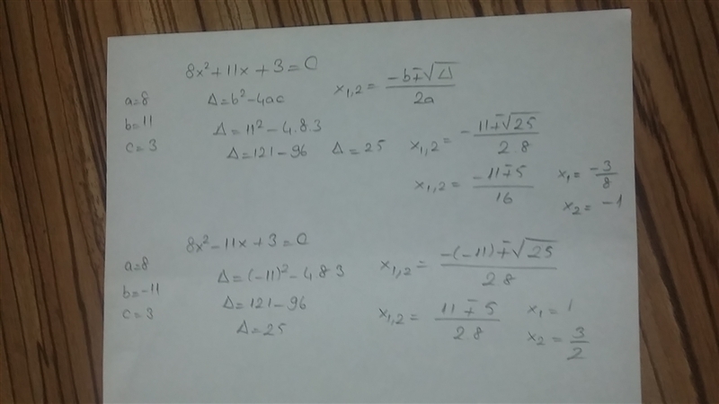 How many real solutions are in the equation: 8x^2 11x = -3?-example-1