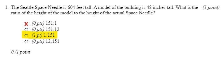 The Seattle space needle is 604 feet tall. a model of the building is 48 inches tall-example-1