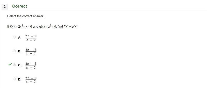 If f(x)=2x^2-x-6 and g(x)=x^2-4 find f(x)/g(x)-example-1